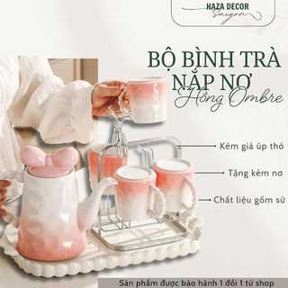 Ấm trà gốm sứ hồng nắp nơ bộ cốc nước có quai, khay để cốc gốm decor nhà cửa trang trí - AT3