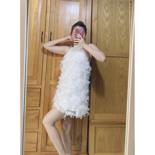 Đầm babydoll suông cổ yếm lông vũ trắng hỡ lưng ( Hoả tốc HCM )