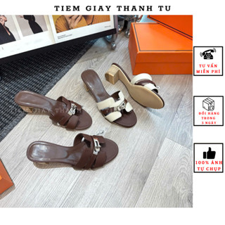 777 Guốc cao gót nữ da sần mềm quai ngang phối khoá màu Bã trầu hàng QC fullbox