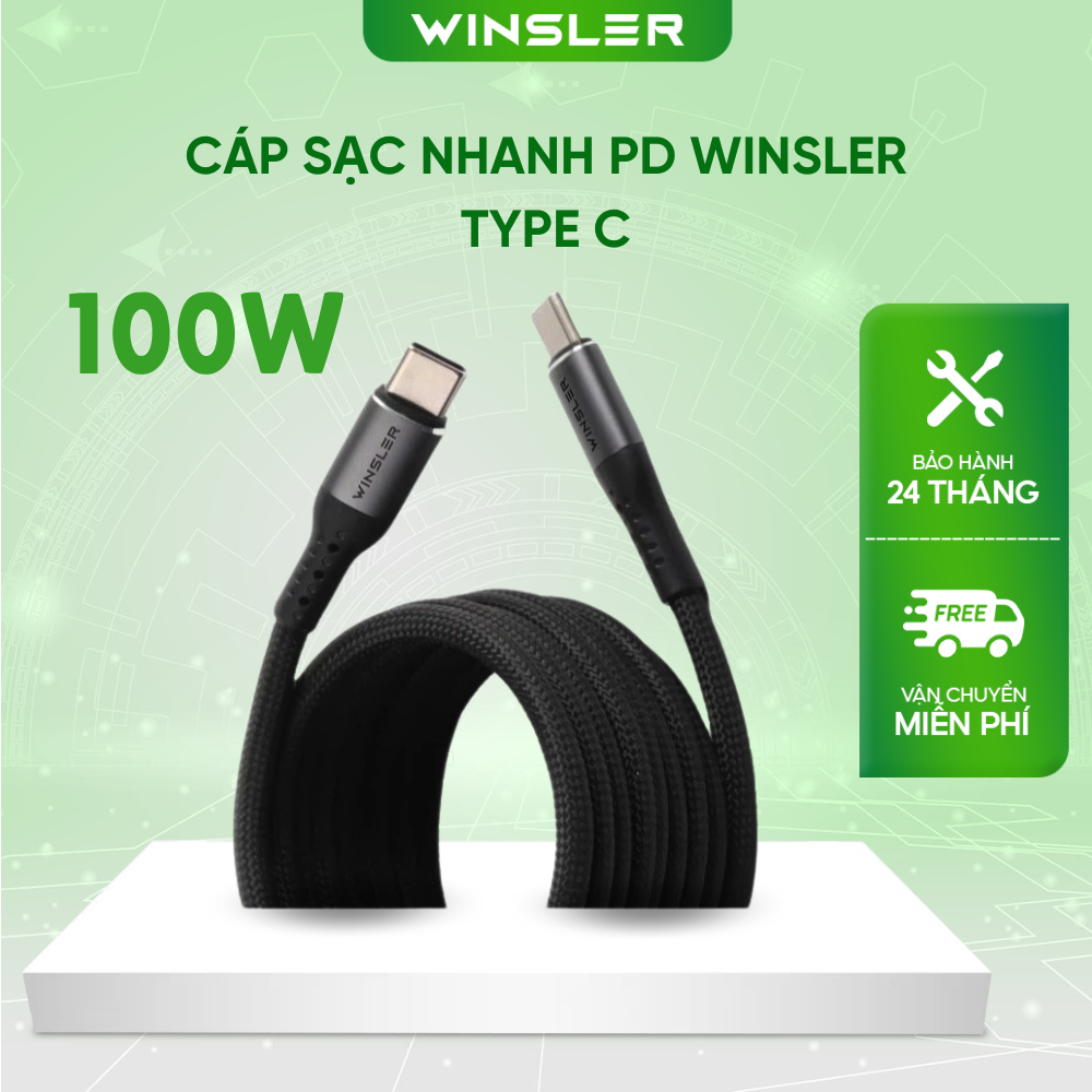 Cáp sạc nhanh Winsler Cable PD 100W - 150 cm / 20V, 5A/480 Mbps sạc laptop và nhièu dòng điện thoại