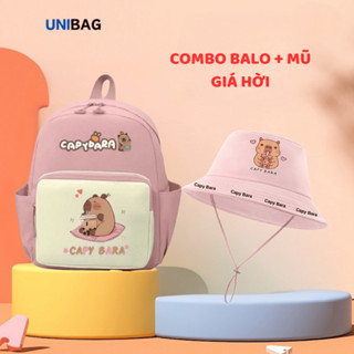 Combo balo và mũ cho bé trai bé gái đi học mầm non, cặp trẻ em in hình Kuromi, Labubu, Capybara đáng yêu