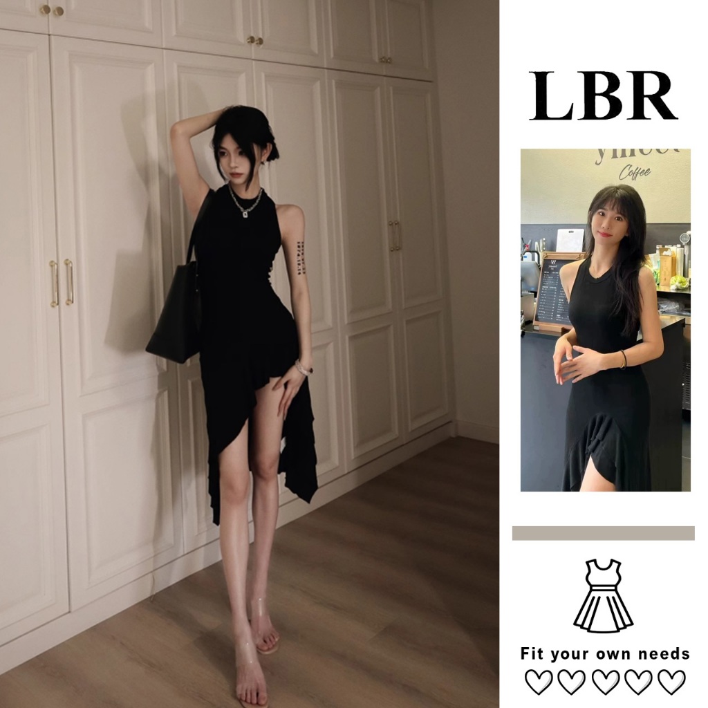 Đầm Đen Cổ Tròn Xẻ Tà Ôm Body Sexy Váy Asymmetric Cá Tính Hot Trend LBR