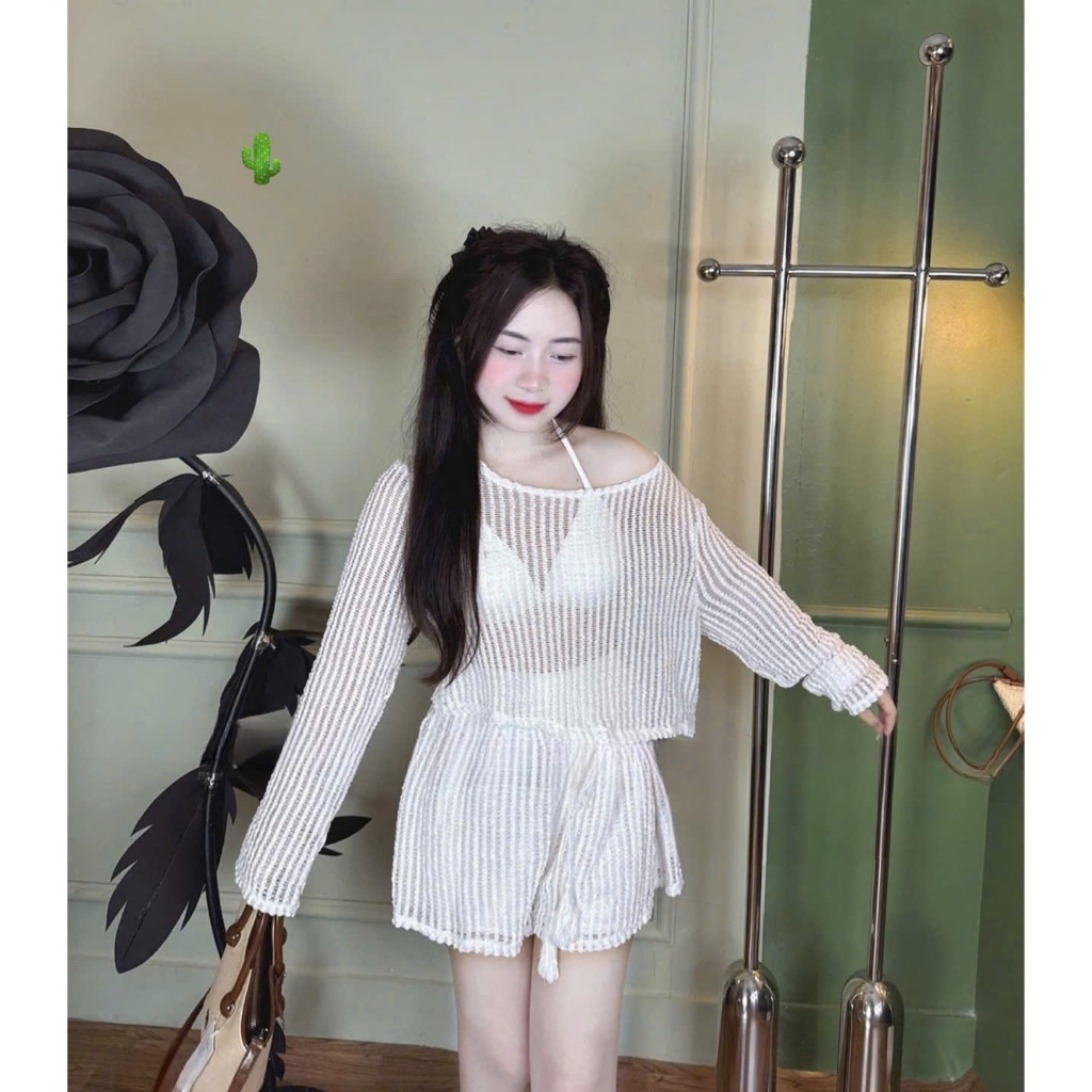 Set đi biển gồm áo bra 2 dây mix quần short lưng chun kèm khoác lưới dài tay có ảnh thật