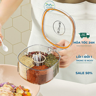 Hộp đựng gia vị 4 ngăn kín khí chống ẩm ướt, Hũ gia vị chia ngăn kèm thìa