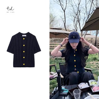 áo Zara cộc tay len vặn thừng màu xanh navy phối khuy vàng nổi bật tôn da hottend BTD339