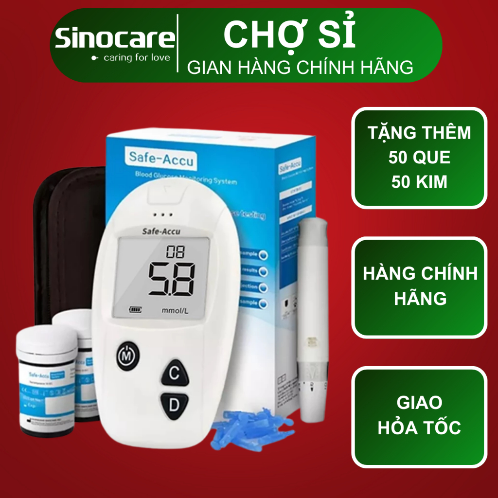Máy Đo Đường Huyết Safe Accu Chính Hãng SINOCARE Giá Rẻ Tặng Kèm 50 Kim Que Thử + 50 Kim