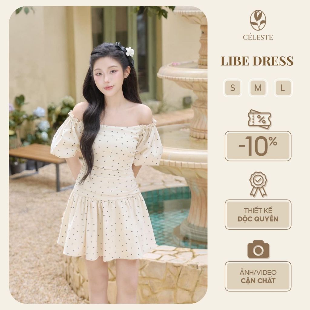 CÉLESTE - Váy Đầm Trễ Vai Dáng Ngắn Xoè Hoa Nhí Tay Lửng Bồng Tiểu Thư Libe Dress