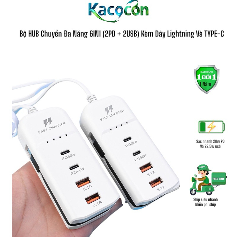 Bộ HUB Chuyển Đa Năng 6IN1 (2PD + 2USB) Kèm Dây Lightning Và TYPE-C