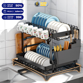 Kệ để chén bát 2 tầng NÂNG CẤP chất liệu thép carbon có khay úp cốc tiện lợi kèm đế thoát nước HOMEFL