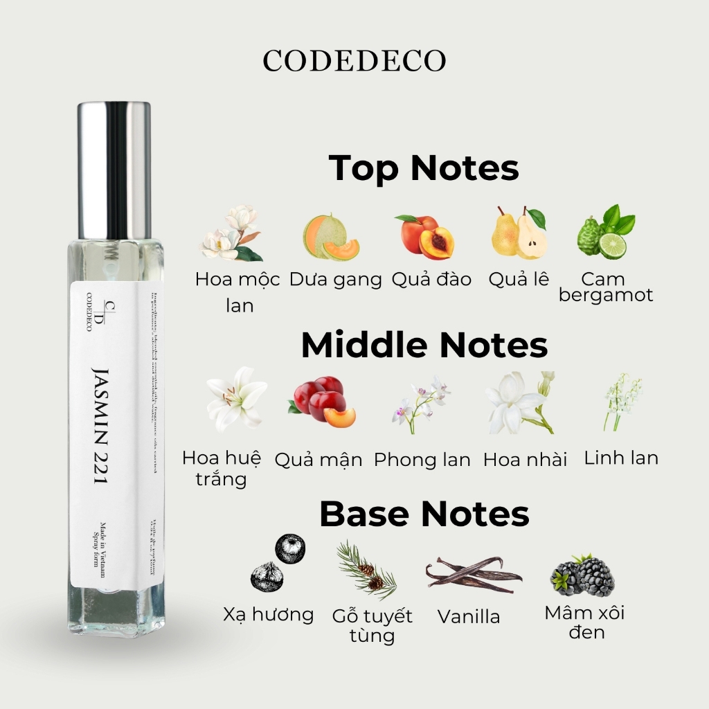 Tinh dầu nước hoa nữ CODEDECO Jasmin 221 10ml dạng xịt - Nhẹ nhàng, Thanh lịch | BigBuy360 - bigbuy360.vn