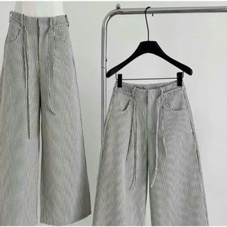  Quần Ống Rộng Nữ Kẻ Sọc Mix Dây Buộc Eo Xinh Xắn Vải Kaki Jean Đứng Form Tôn Dáng Mặc Thoáng Mát 