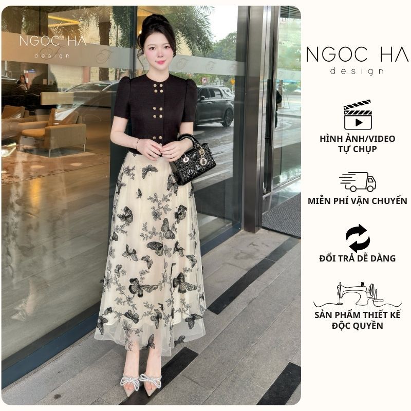 Chân váy xòe dài Bella Skirt - Chân Váy Xòe Thêu Hoa Bư.ớm Nổi NGOC HA Design CV121