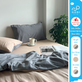 Bộ vỏ chăn mền ga gối GONI FRESH màu Xám Beige - Ga drap giường bo chun cao 4-25cm kích thước 1m, 1m2 ,1m4, 1m6, 1m8, 2m