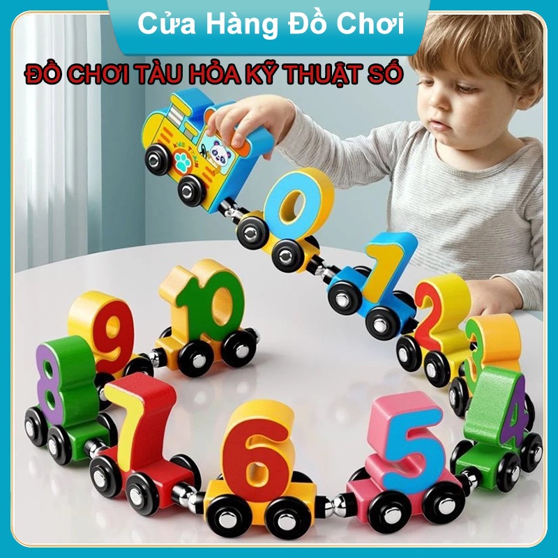 Đồ chơi đoàn tàu nam châm với 11 toa số bằng gỗ, đồ chơi thông minh giáo dục cho bé phát triển tư duy trí tuệ