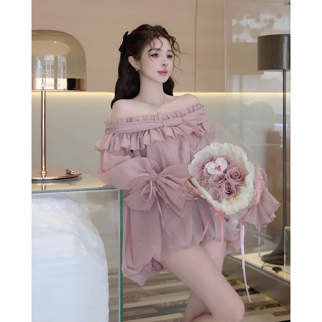 Set Áo Váy Trễ Vai Bánh Bèo Màu Tím Baby Đính Cúc Ngọc Chất Liệu Tơ Xốp Tặng Kèm Quần Bảo Hộ | BigBuy360 - bigbuy360.vn