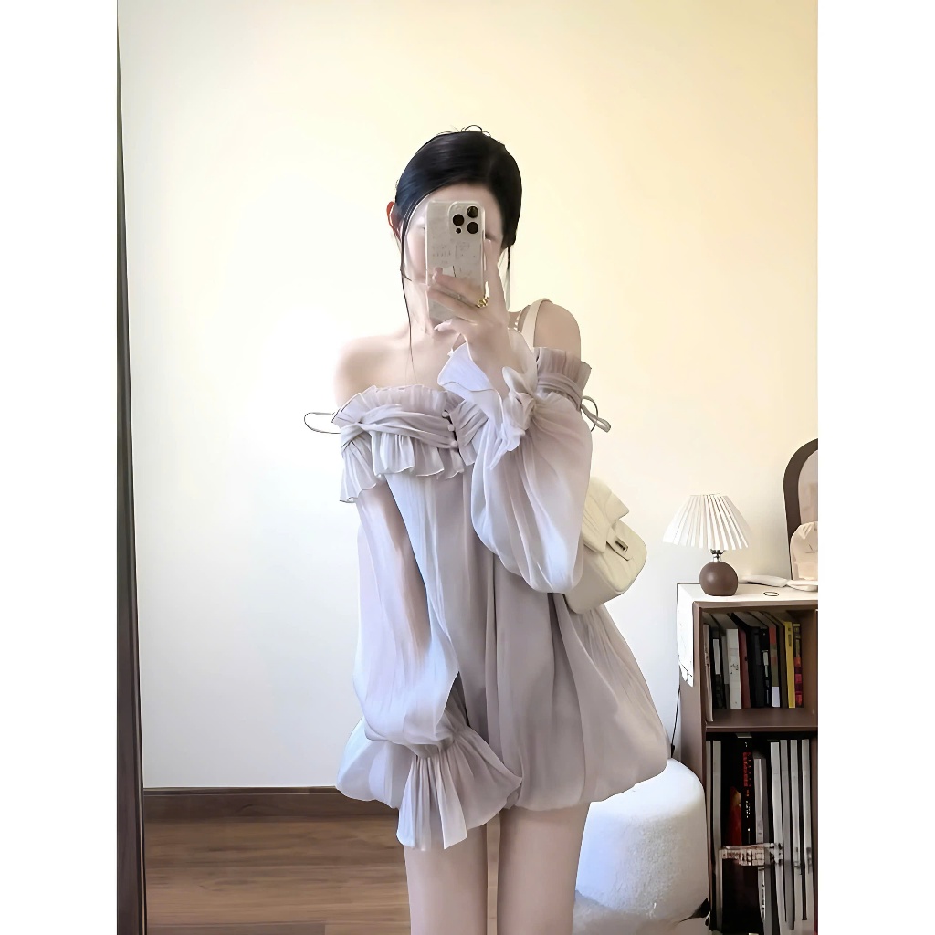 Set Áo Váy Trễ Vai Bánh Bèo Màu Tím Baby Đính Cúc Ngọc Chất Liệu Tơ Xốp Tặng Kèm Quần Bảo Hộ | BigBuy360 - bigbuy360.vn