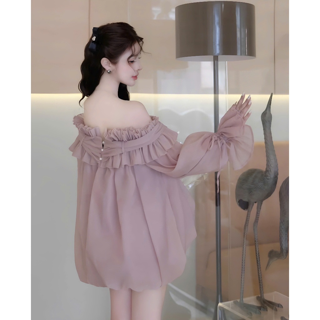 Set Áo Váy Trễ Vai Bánh Bèo Màu Tím Baby Đính Cúc Ngọc Chất Liệu Tơ Xốp Tặng Kèm Quần Bảo Hộ | BigBuy360 - bigbuy360.vn