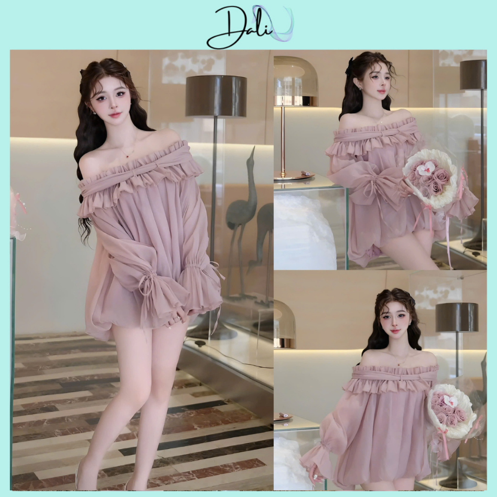 Set Áo Váy Trễ Vai Bánh Bèo Màu Tím Baby Đính Cúc Ngọc Chất Liệu Tơ Xốp Tặng Kèm Quần Bảo Hộ | BigBuy360 - bigbuy360.vn