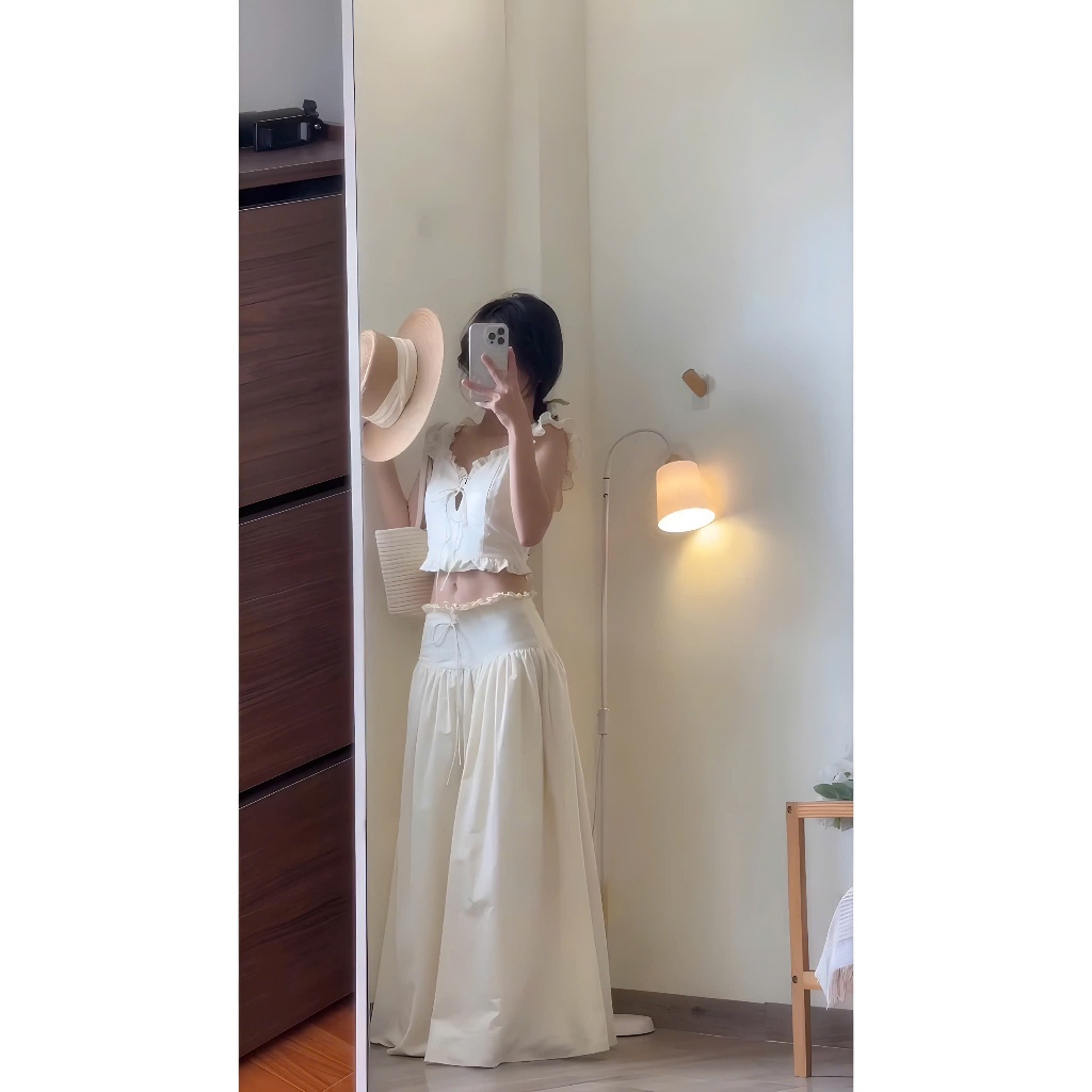 Set Áo Croptop 2 Dây Nude Phối Viền Bèo Cột Nơ Nguc + Chân Váy Midi Dáng Dài Chất Liệu Thô | BigBuy360 - bigbuy360.vn