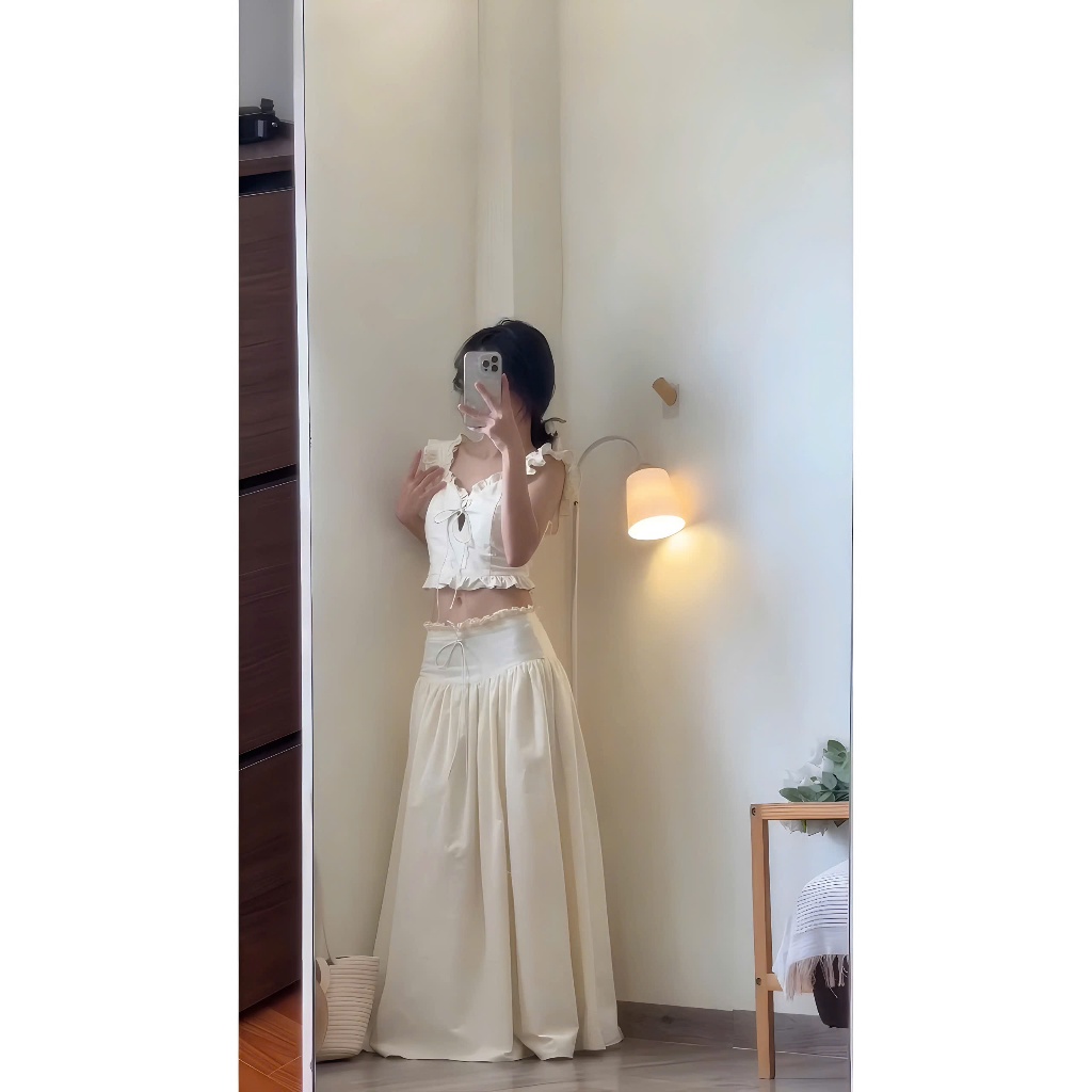 Set Áo Croptop 2 Dây Nude Phối Viền Bèo Cột Nơ Nguc + Chân Váy Midi Dáng Dài Chất Liệu Thô | BigBuy360 - bigbuy360.vn