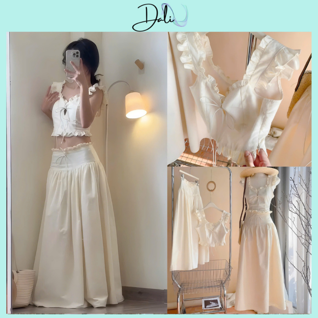 Set Áo Croptop 2 Dây Nude Phối Viền Bèo Cột Nơ Nguc + Chân Váy Midi Dáng Dài Chất Liệu Thô | BigBuy360 - bigbuy360.vn
