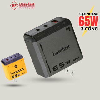 Củ sạc nhanh 65W 3 cổng Basefast Công nghệ GAN chống quá tải nhiệt cho Samsung Mac Laptop Huawei iP