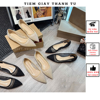 (1314-L5A)Giày búp bê đế bệt lưới đính đá đế đỏ hàng QCCC fullbox ( fom to )