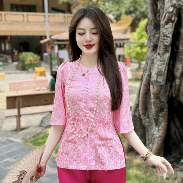 Bộ Đi Lễ Chùa, Pháp Phục Nữ Lụa Cổ Tròn Túi Tiền Lụa Gấm Tô Châu Cao Cấp - Pháp Phục Tịnh Tâm