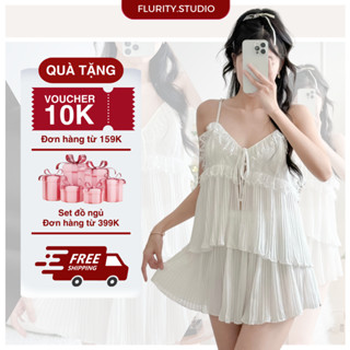 Set Bộ Đồ Ngủ Thiết Kế Mặc Nhà Áo 2 Dây Croptop Xẻ Tà Viền Ren Quần Xếp Ly Xòe Gợi Cảm Xinh Xắn FLURITY - ELLA BNSERE259