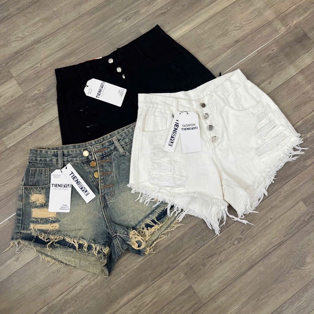 TIENSTYLE - Quần short jean 4 nút rách tua lai lưng cao ôm body, Quần đùi nữ có Bigsize 80kg