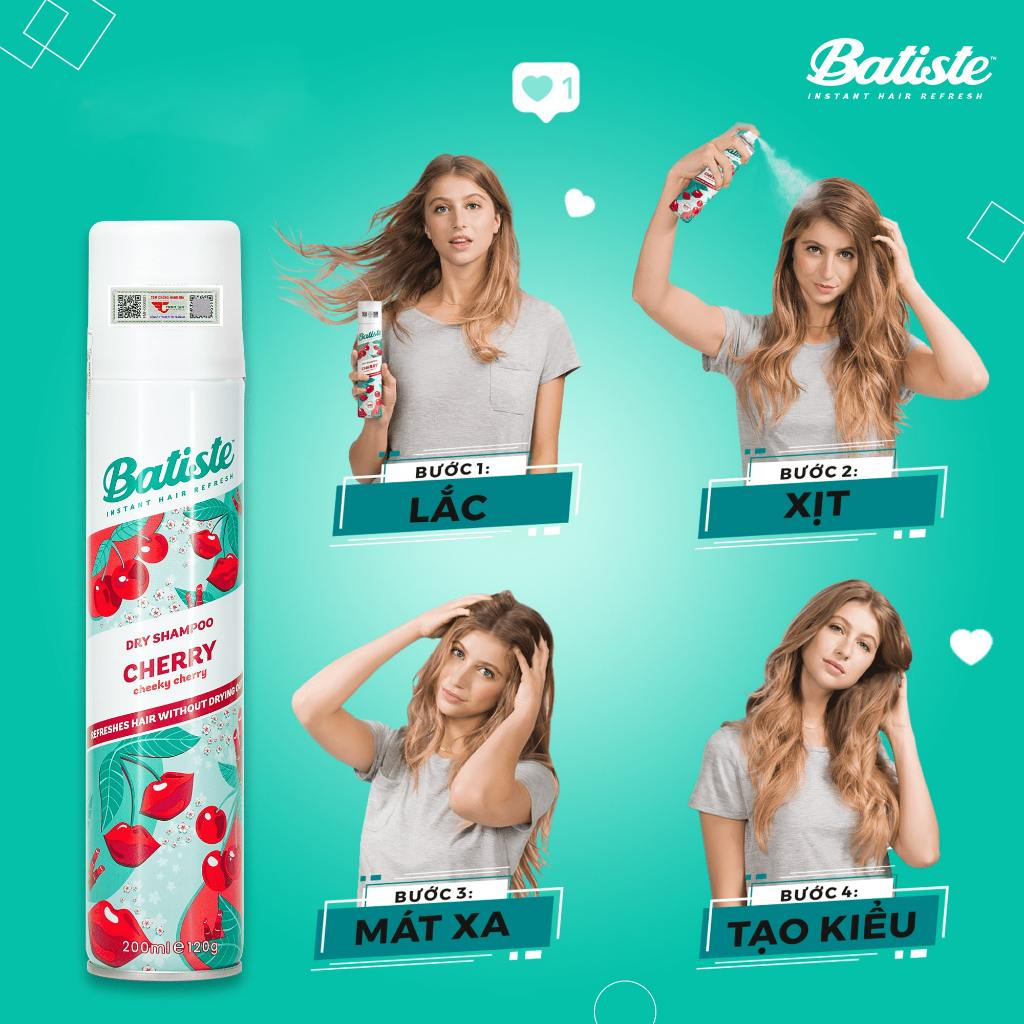 Dầu Gội Khô Batiste Hương Cherry 200ml Hết Ngứa, Hết Bết Dính Tóc Bồng Bềnh Tức Thì