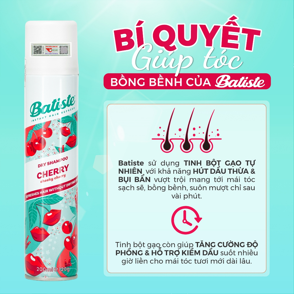 Dầu Gội Khô Batiste Hương Cherry 200ml Hết Ngứa, Hết Bết Dính Tóc Bồng Bềnh Tức Thì