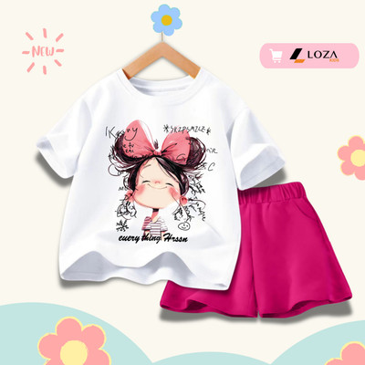 Bộ đồ cho bé gái in hình bé gái nơ hồng hot trend 2026 - Quần áo trẻ em nữ size từ 15-40kg-  Loza Kids SB354