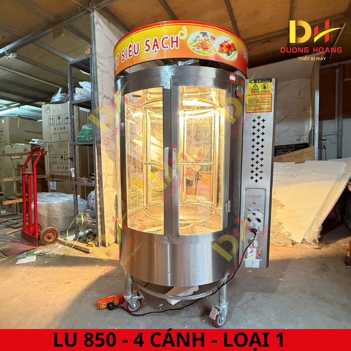 Lu quay gà vịt heo dạng kính xoay 850 -2 cánh, 4 cánh, nhiên liệu: than và ga, bảo hành 1 năm