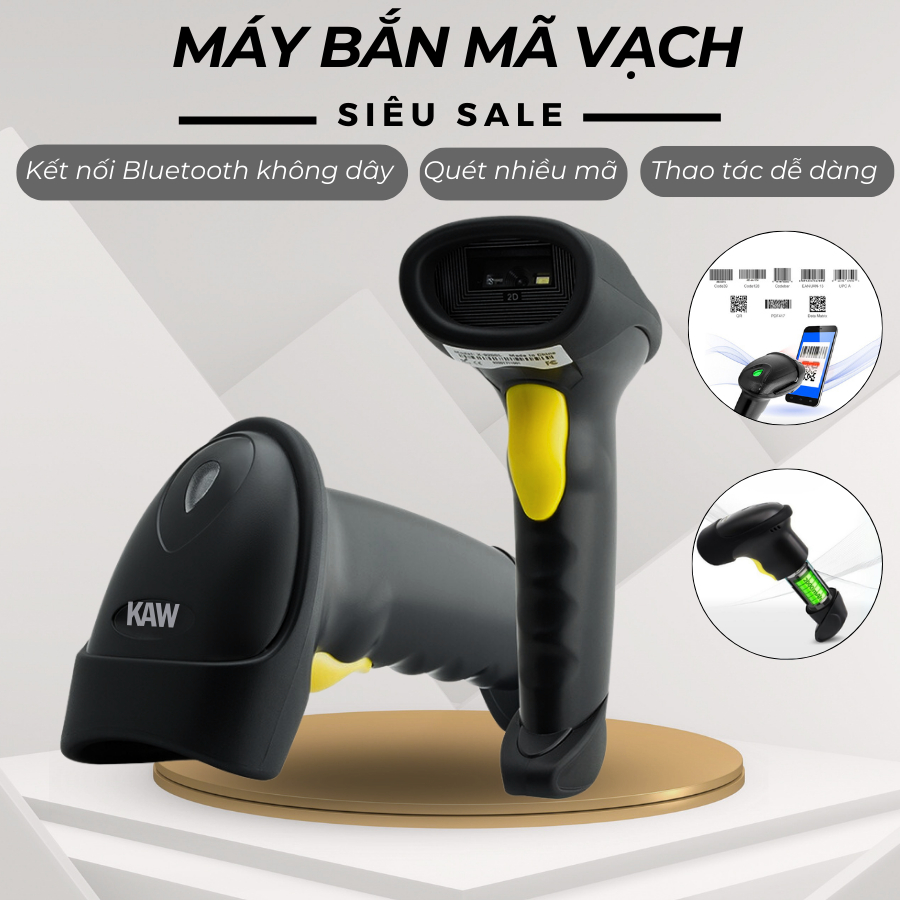 Máy Quét Mã Vạch Bluetooth Không Dây Cao Cấp KAW, Đầu Đọc Mã Đa Tia, Cực Nhạy