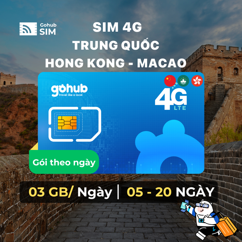 SIM Trung Quốc, Hong Kong, Macao 4G - Gói theo ngày (05 - 20 ngày) - Gohub tặng que chọc SIM