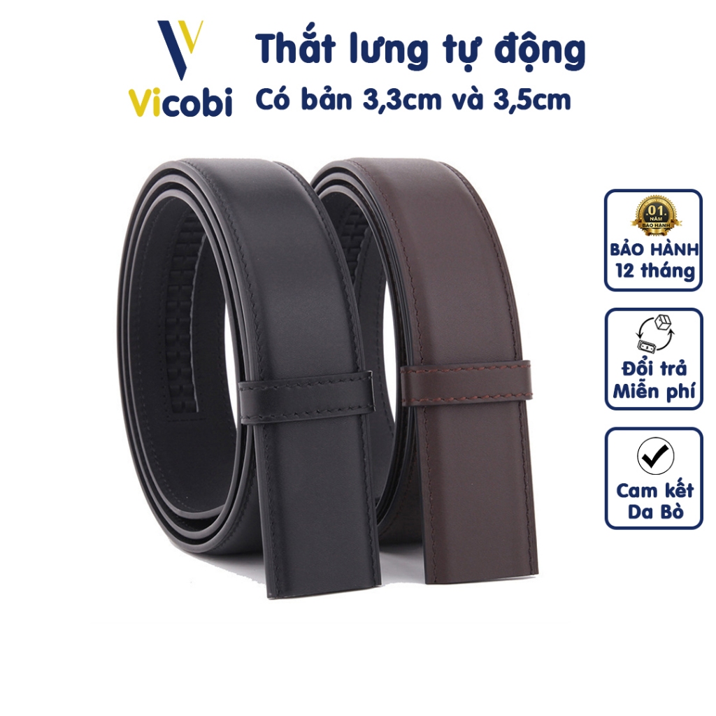 Thắt lưng nam da bò Vicobi TM, dây không mặt dành cho khoá tự động 3,3cm - 3,5cm
