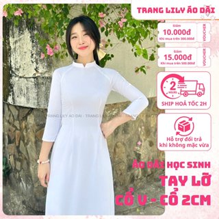 Áo dài trắng đồng phục học sinh cấp 3, chụp kỉ yếu, cổ V 2cm, tay lỡ, lụa mỹ - Trang Lily Áo Dài