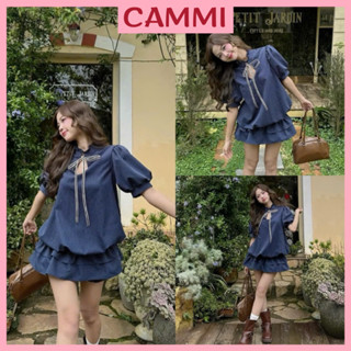 [Tặng Quần bảo hộ] Set Váy Jumpsuit Kẻ Xanh Than Cổ Trụ Tay Bồng Nơ Kẻ Dáng Bí Xoè HV82