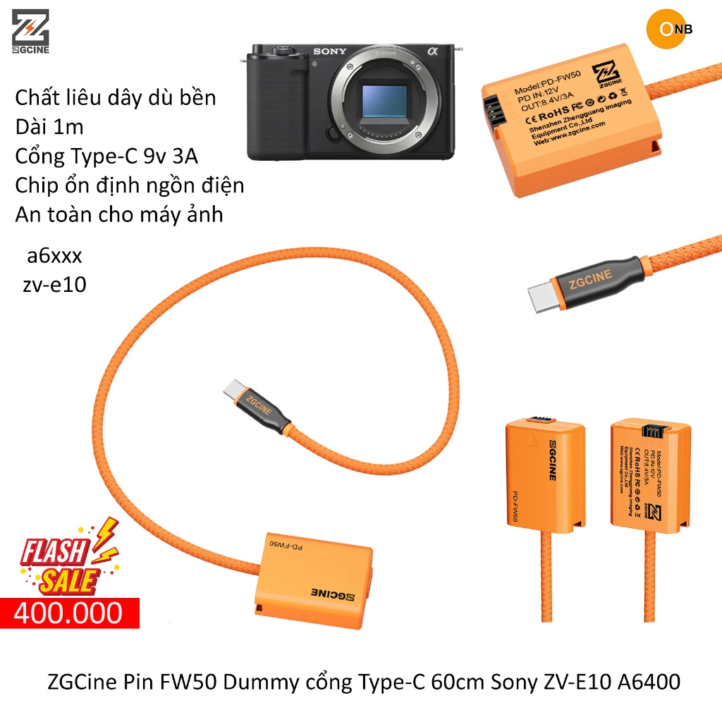 ZGCine Pin FW50 Dummy cổng Type-C DÀI 60cm Sony ZV-E10 A6300 A6400