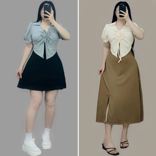 Đầm bigsize nữ cặp gân 2 lớp tách rời áo thun rút ngực kèm váy hai dây ngắn dài tôn dáng co giãn - G684.G685- CẶP GÂN