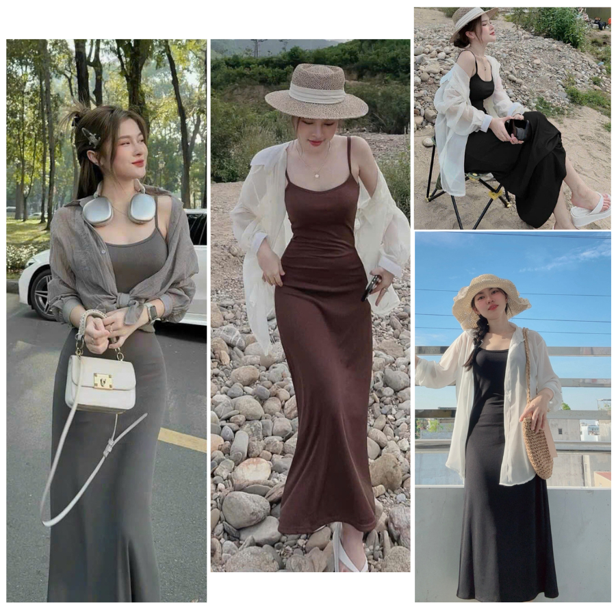 Set Đầm Body Hai Dây Đuôi Cá Kèm Áo Khoác Sơ Mi, Set Váy Áo Sơ Mi Tay Dai Vải Voan Tơ Khoác Ngoài Mi