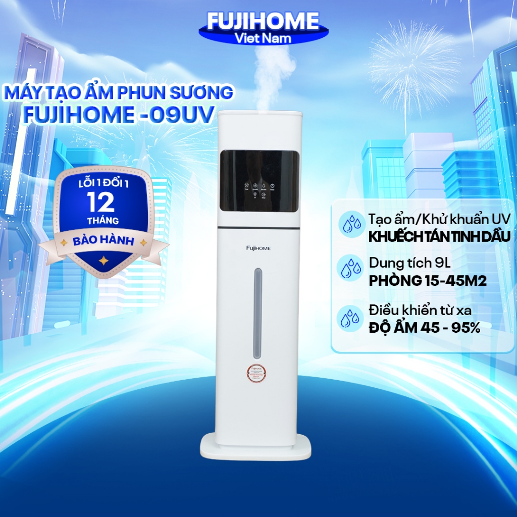 Máy phun sương tạo ẩm không khí dung tích lớn 9L Fujihome Nhập khẩu, máy khuếch tán tinh dầu ion tạo ẩm, khử khuẩn UV