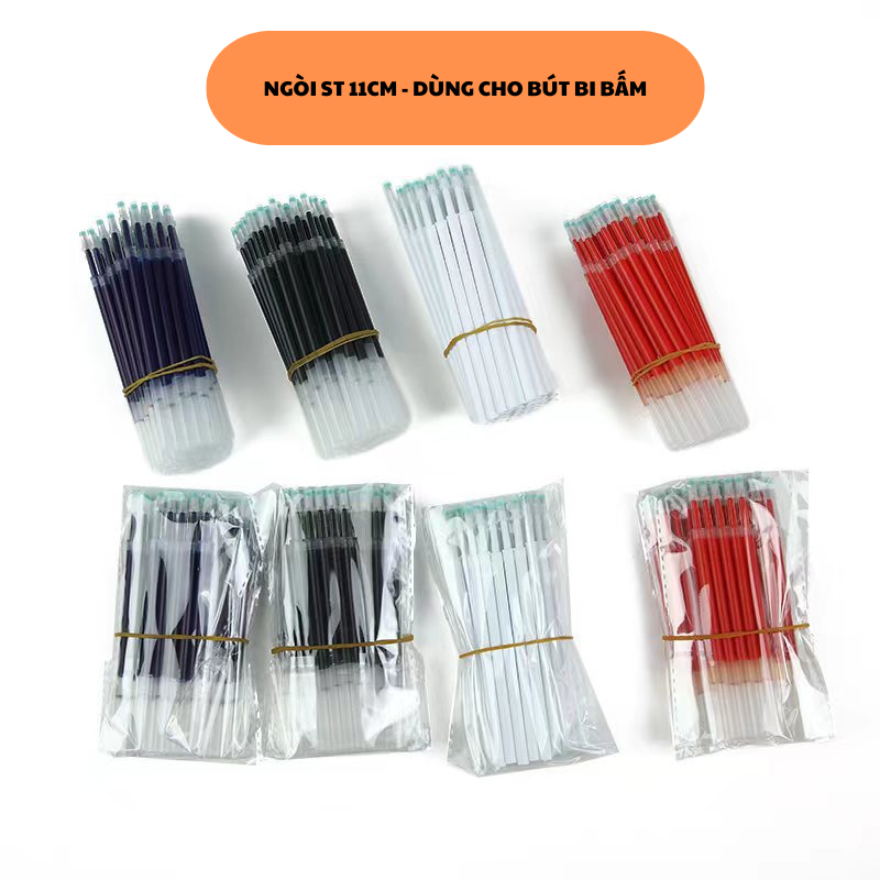 COMBO Ngòi Bút Bi Bấm dài 11cm, cỡ ngòi 0.5mmn màu Đen Đỏ Trắng Xanh, mực đậm, nhanh khô ( NBBGBS )