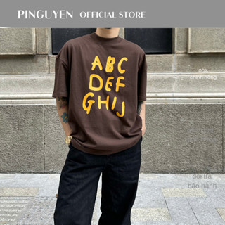 Áo Thun Nâu Chữ ABC Cotton Form Rộng, Áo Thun PINGUYEN 168