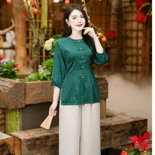 Bộ Đi Lễ Chùa, Pháp Phục Nữ Lụa Cổ Chữ V Đính Nơ Ngực Cao Cấp . Tịnh Tâm 07