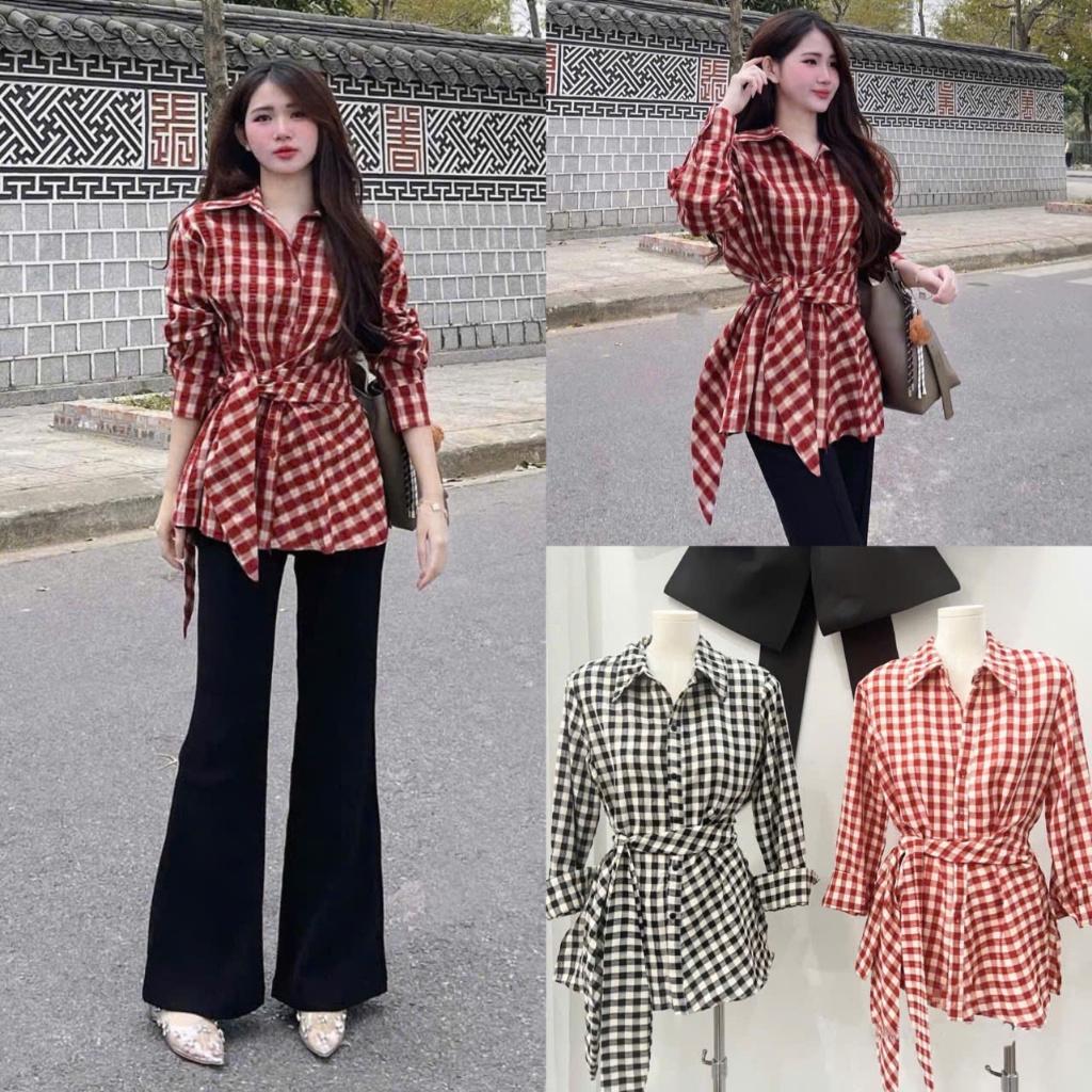 [Sản Phẩm Yêu Thích]: Áo Sơ Mi Cotton Kẻ Caro 2 Màu Thiết Kế Dây Buộc Eo Tạo Điểm Nhấn Outfit (Ảnh T