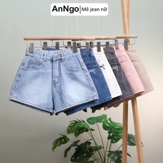 Quần short jean nữ ống rộng lưng cao, họa tiết thêu nơ dễ thương cá tính Anngo - AT530