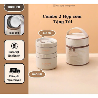 Hộp Cơm Giữ Nhiệt Văn Phòng Lunch Box 2 tầng, Inox 304 Cao Cấp tặng kèm túi giữ nhiệt