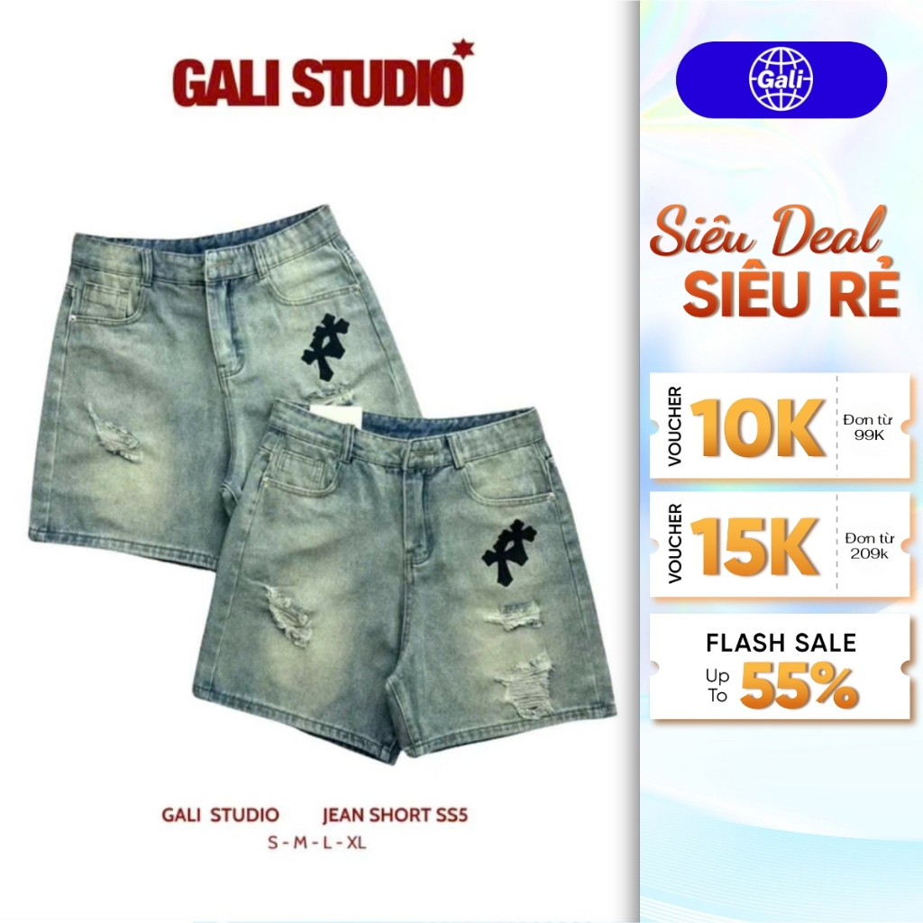 Quần Đùi Nam Nữ Jean Thêu Họa Tiết, Quần Short Jean Rách Gali Studio Cá Tính Năng Động